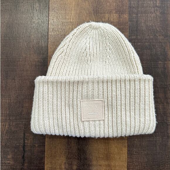 Acne Studios Pansy Cream Logo Ribbed Wool Face Beanie - Picture 1 of 7
